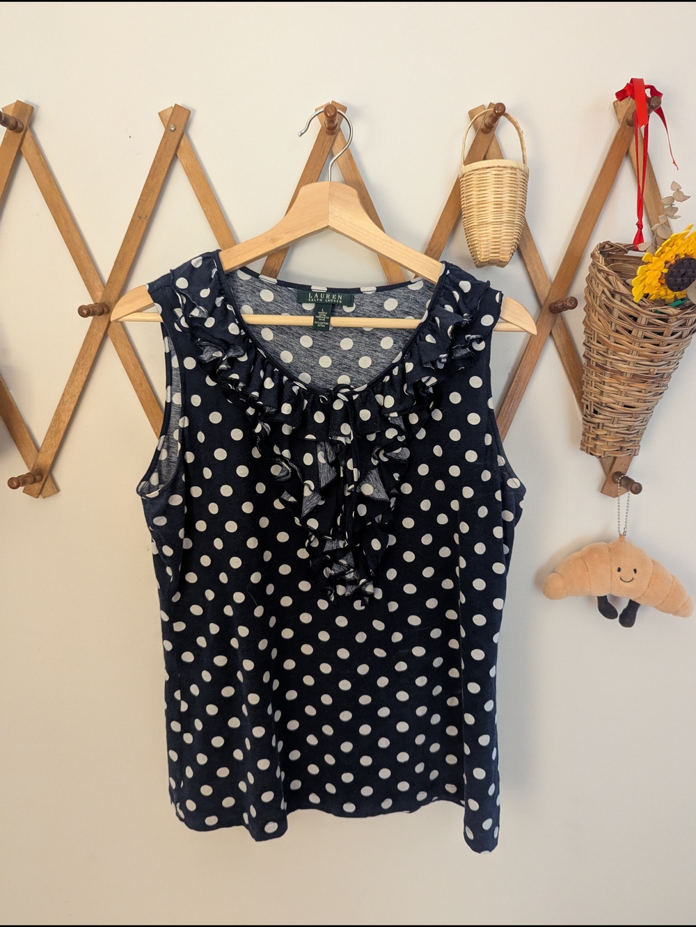Ralph Lauren  Polka Dot Ruffle Sleeveless Cotton Top